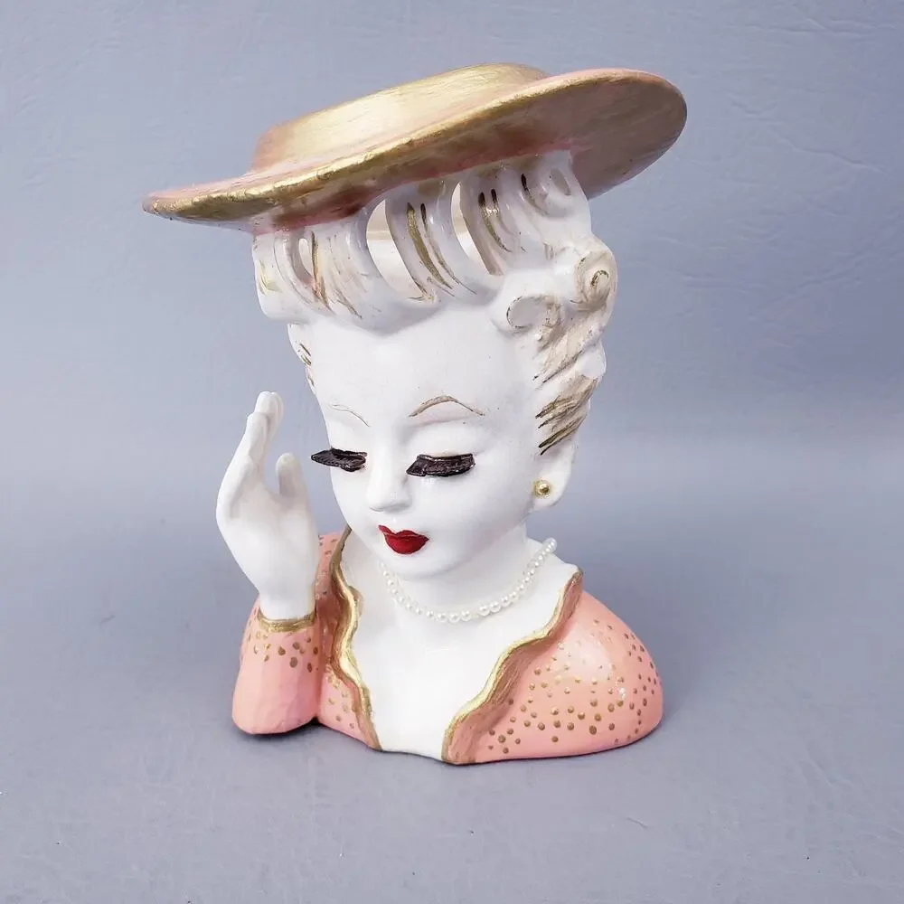 Vintage Lady Head Vase Headache W/ Eyelashes Pearl Necklace Gold Earrings Peach